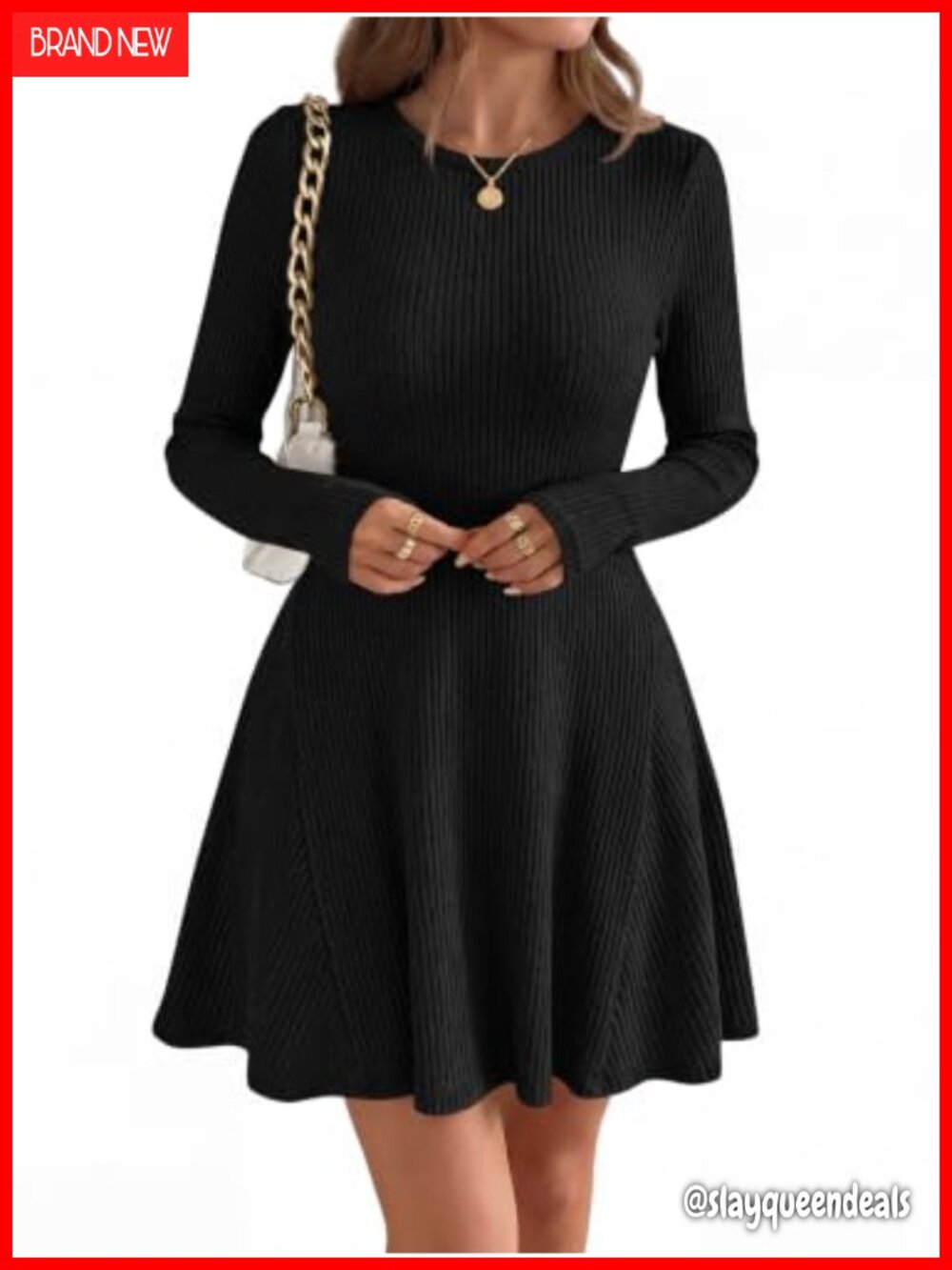 Women's Ribbed Knit Mini Sweater Dress A-Line Long Sleeve Casual